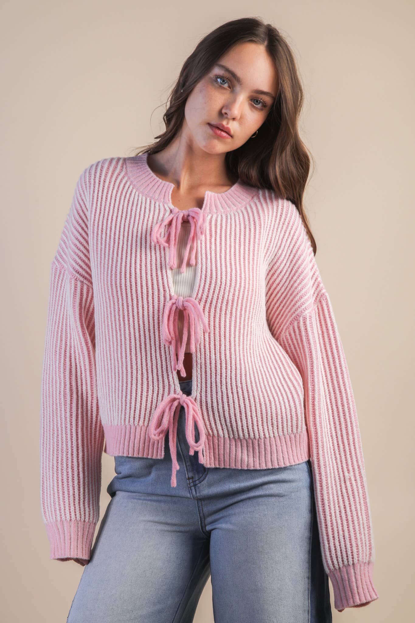 Front Tie Two Tone Knit Cardigan