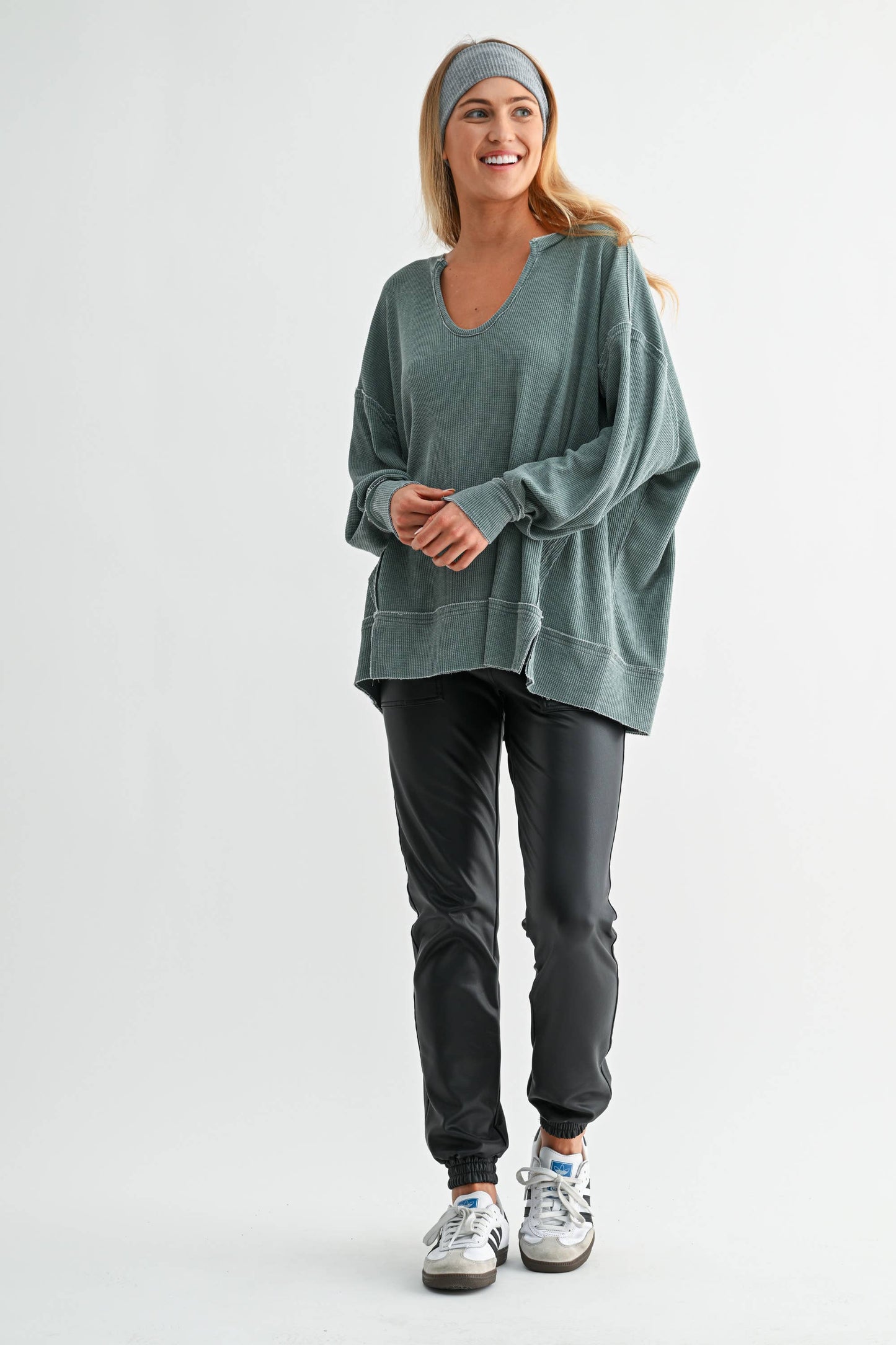 Cotton Blend Waffle Knit Oversized Long Sleeve