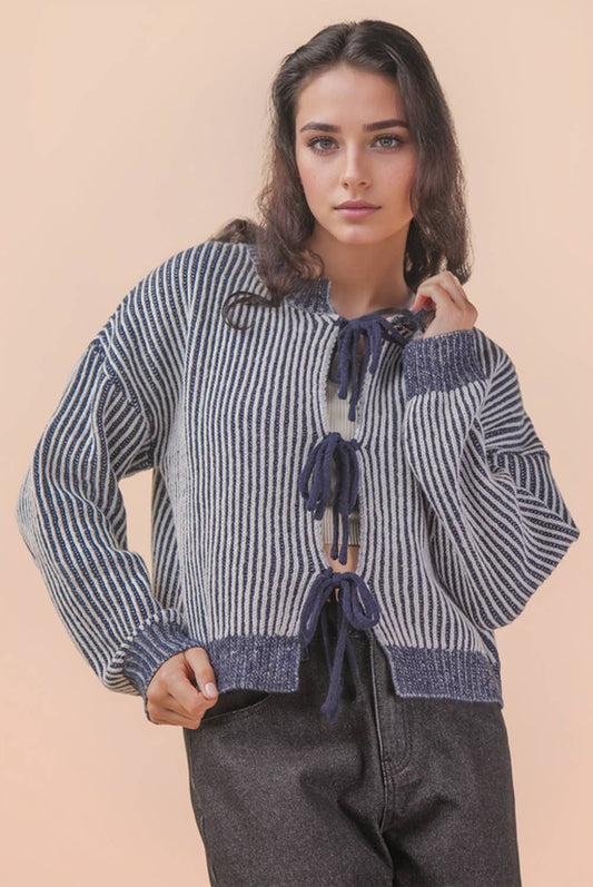 Front Tie Two Tone Knit Cardigan