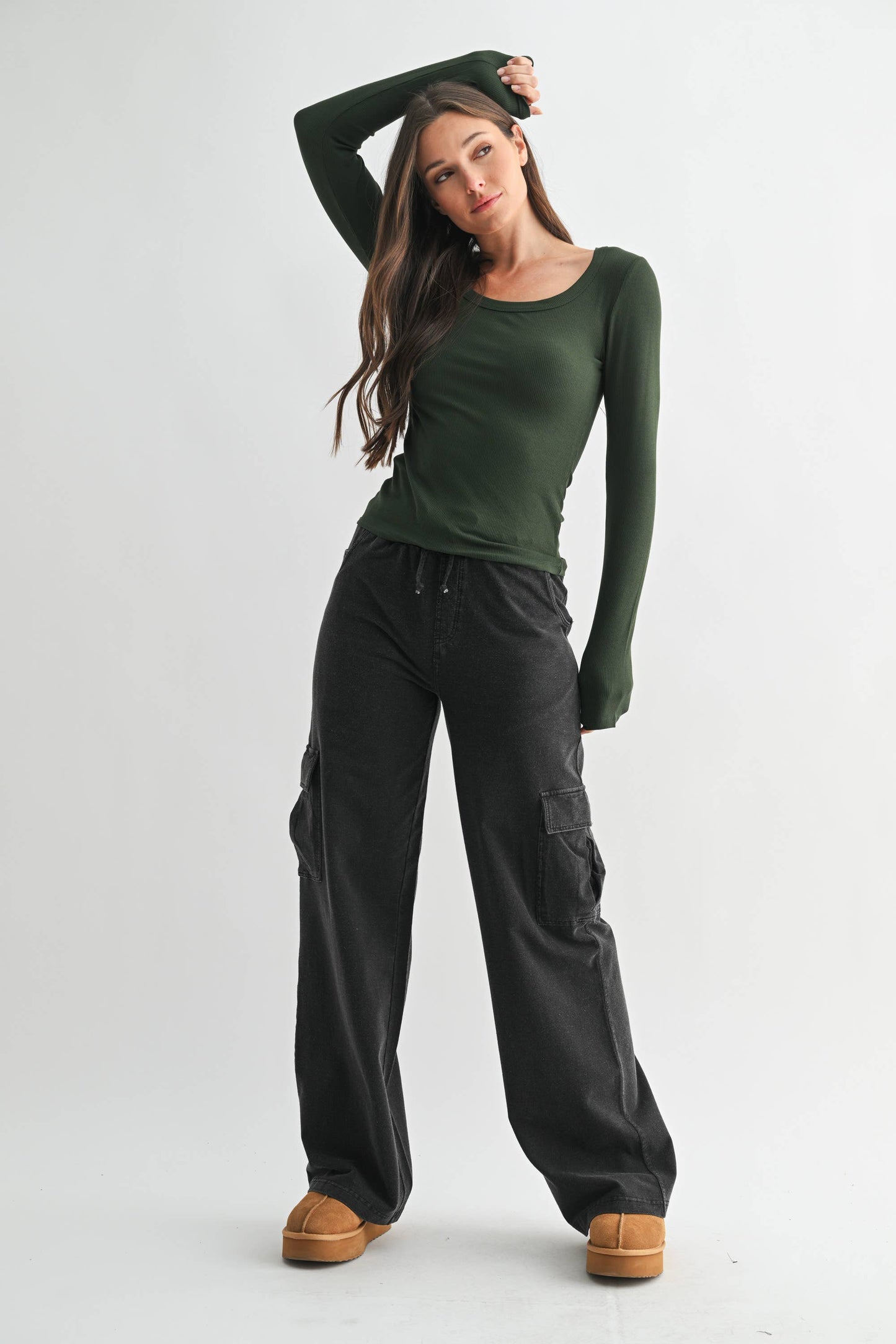 Slim Fit Scoop Neck Micro-Ribbed Long Sleeve Top