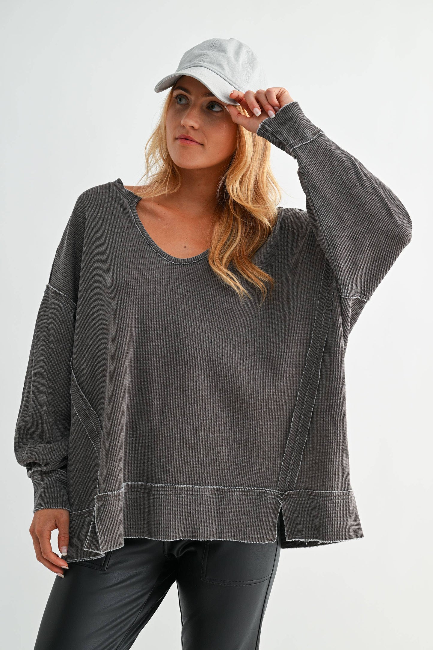 Cotton Blend Waffle Knit Oversized Long Sleeve