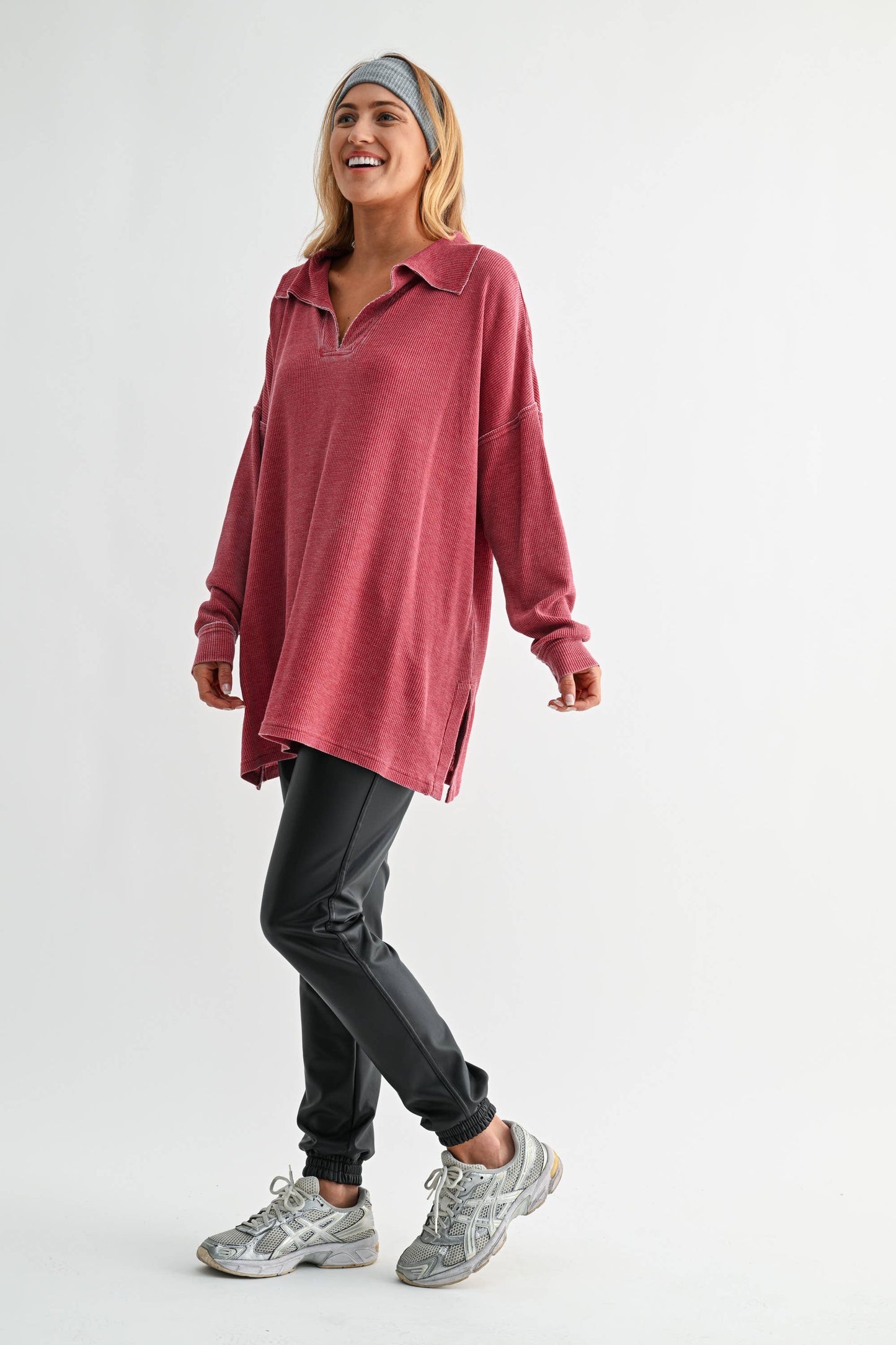 Cotton Blend Waffle Knit Oversized Collared Long Sleeve