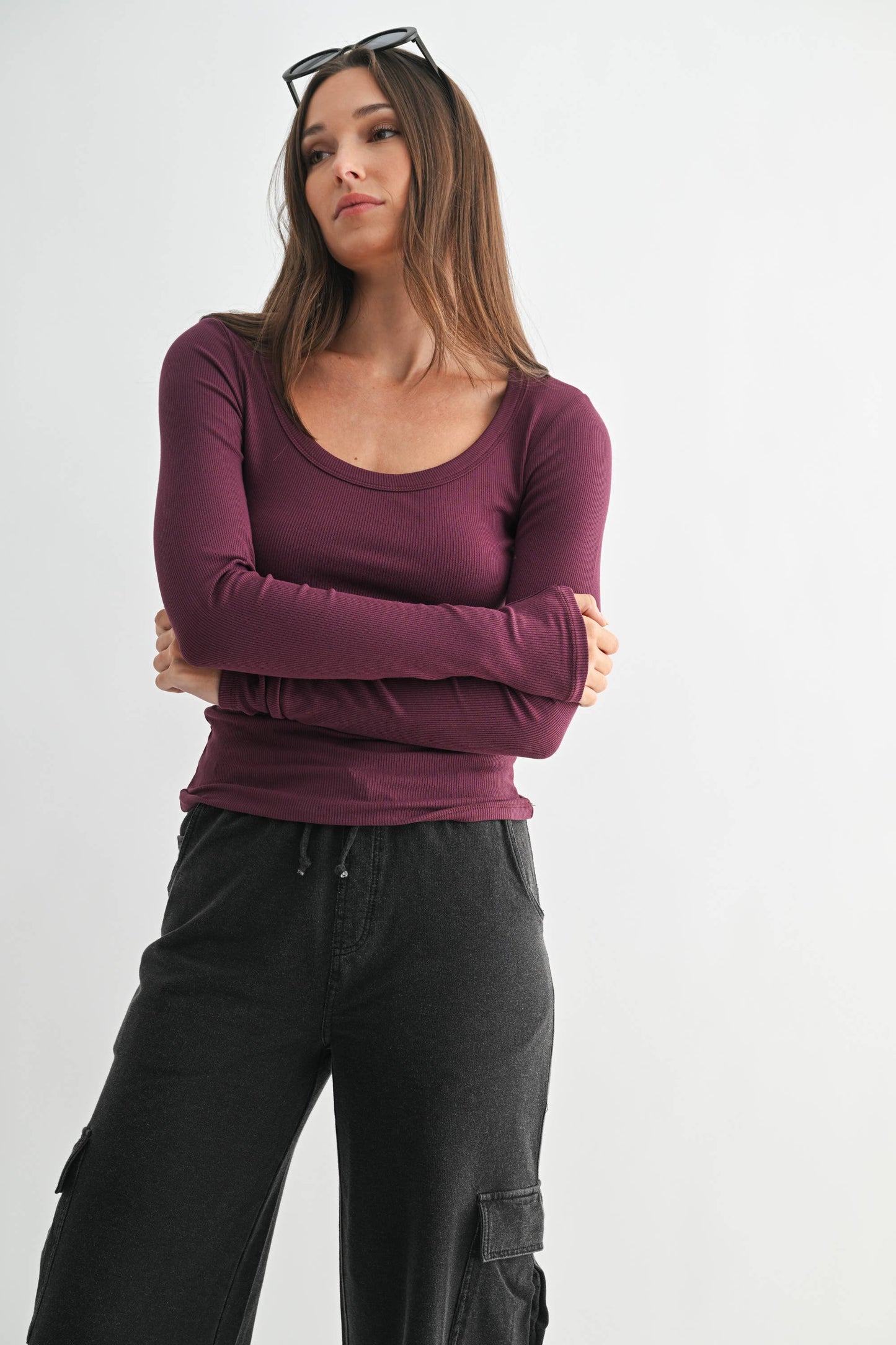 Slim Fit Scoop Neck Micro-Ribbed Long Sleeve Top