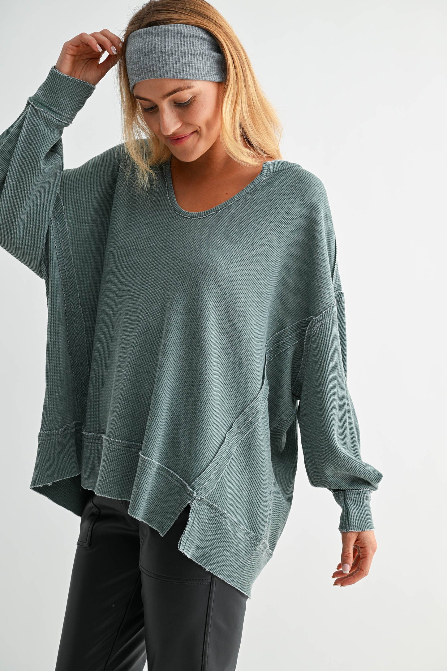 Cotton Blend Waffle Knit Oversized Long Sleeve
