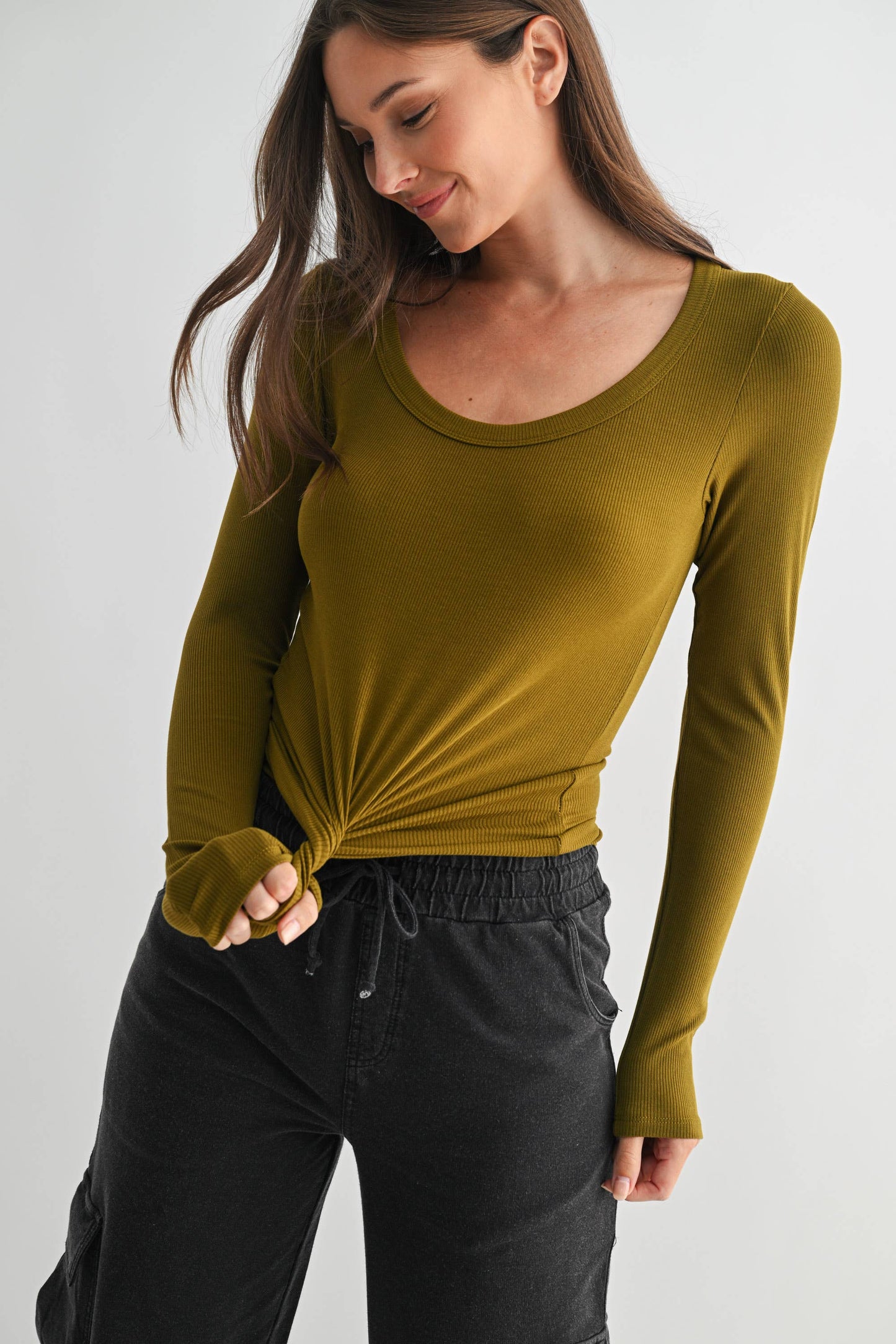 Slim Fit Scoop Neck Micro-Ribbed Long Sleeve Top