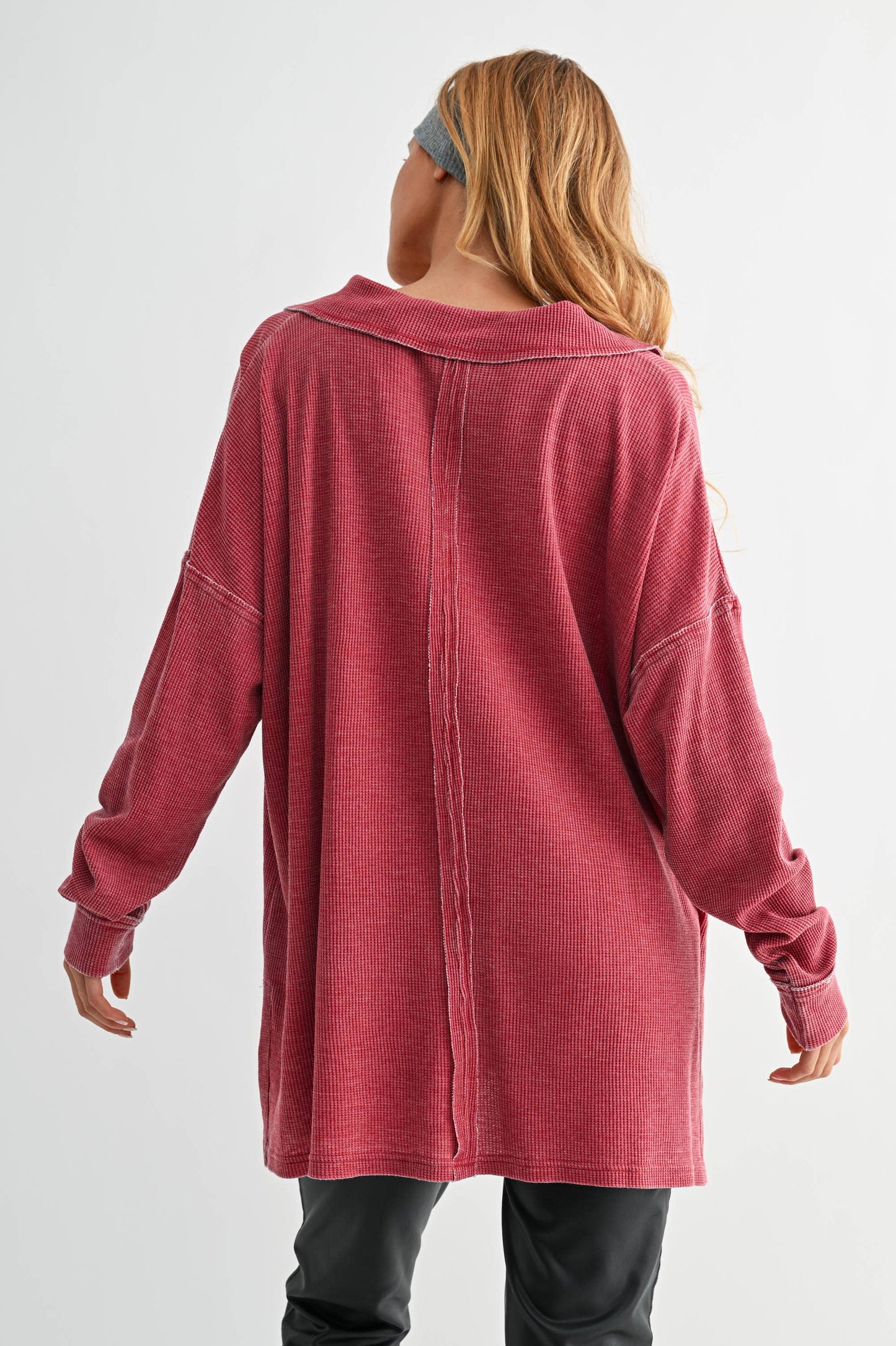 Cotton Blend Waffle Knit Oversized Collared Long Sleeve