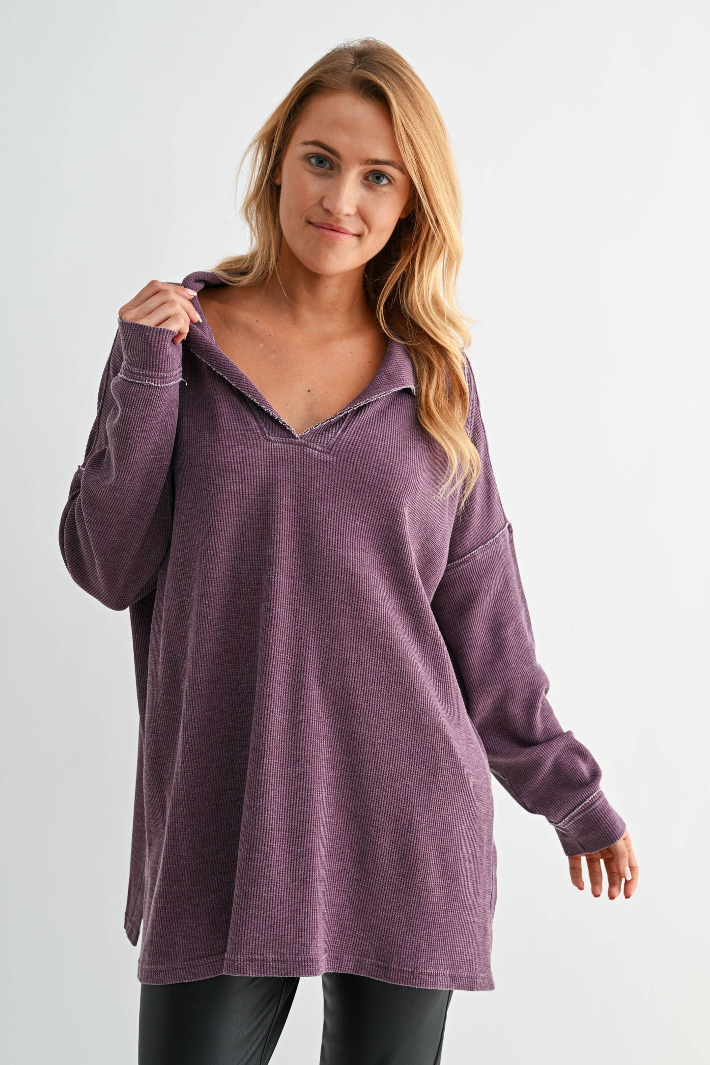 Cotton Blend Waffle Knit Oversized Collared Long Sleeve