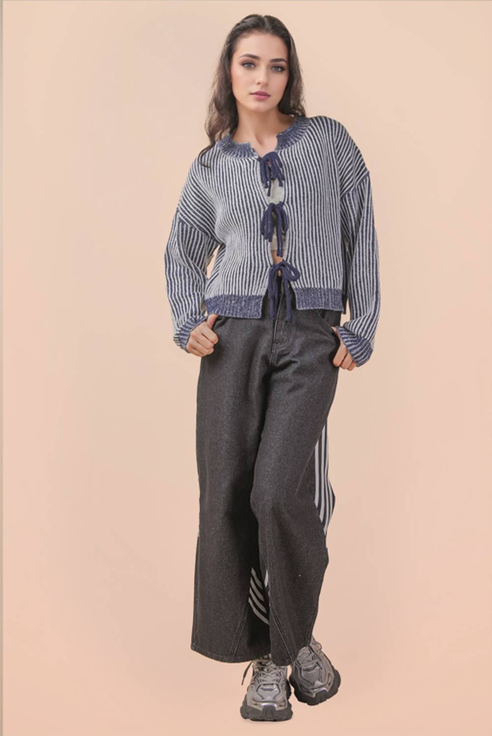 Front Tie Two Tone Knit Cardigan