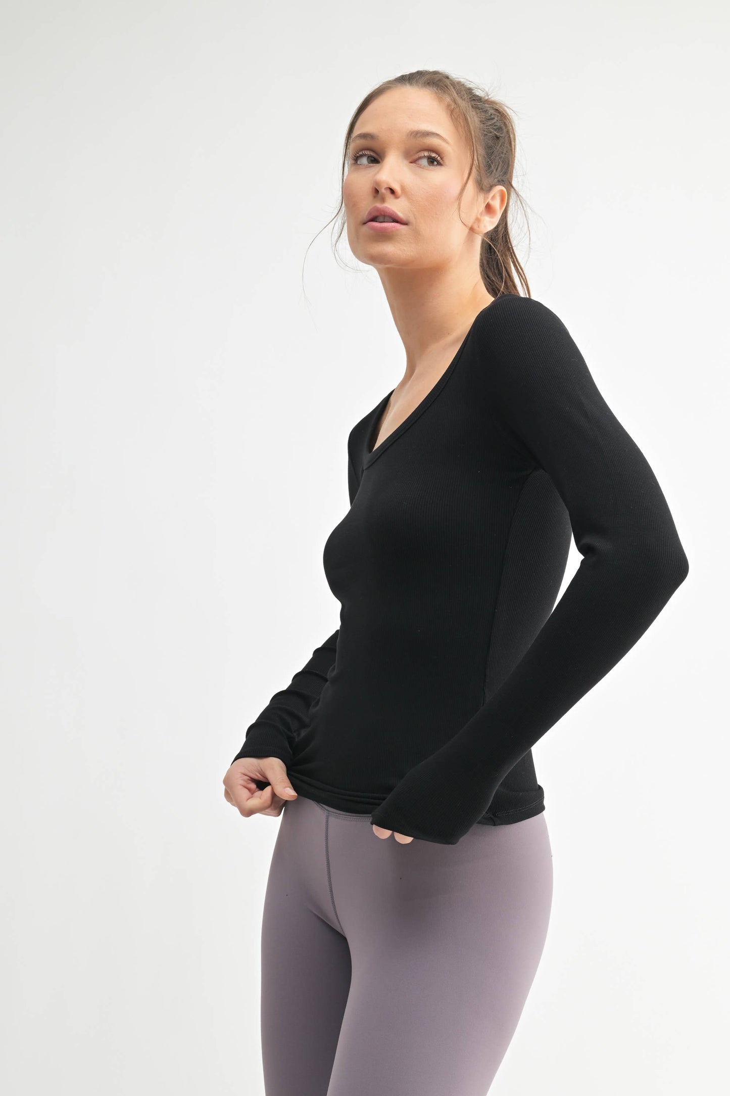 Slim Fit Scoop Neck Micro-Ribbed Long Sleeve Top