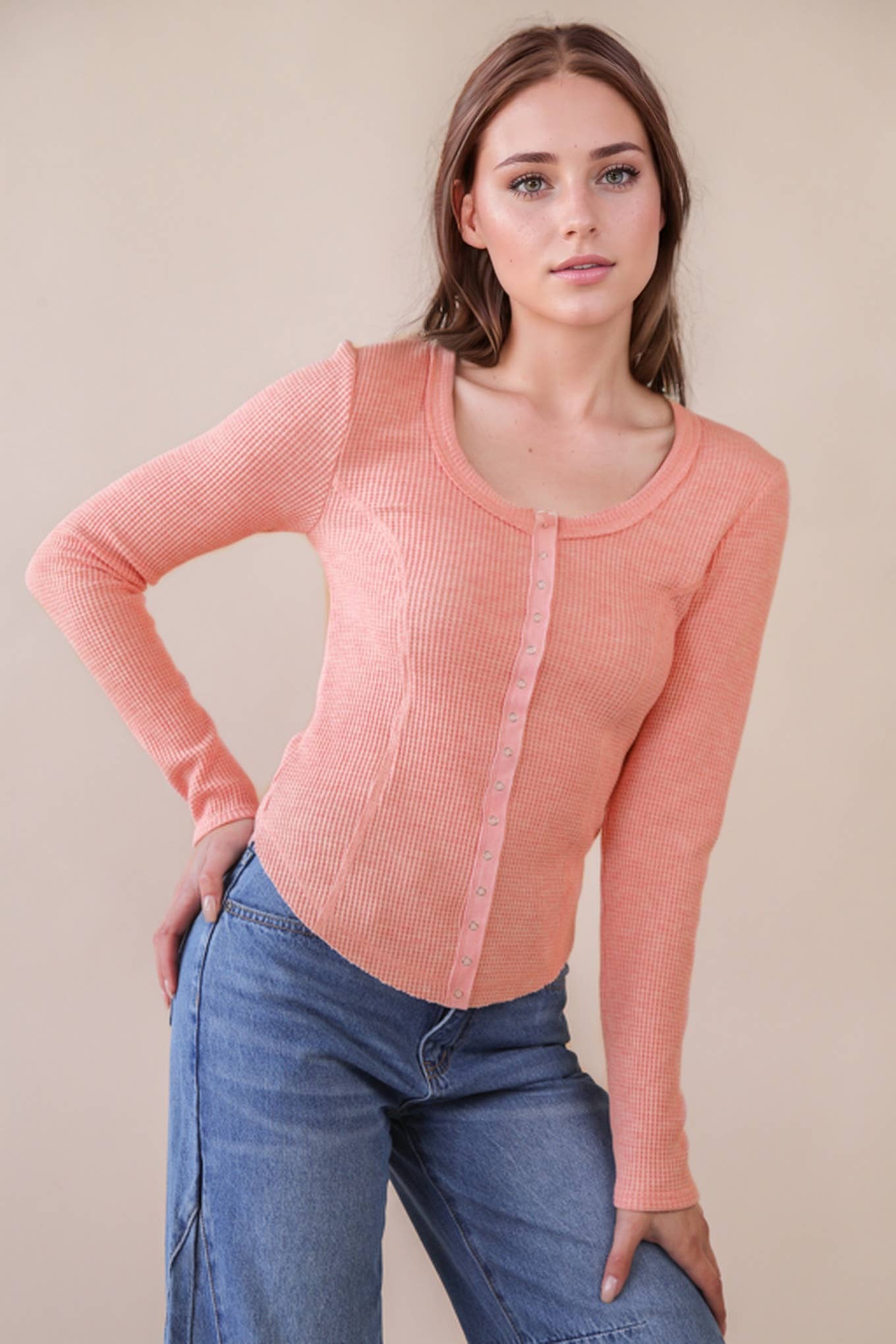 Button Down Fitted Knit Casual Top
