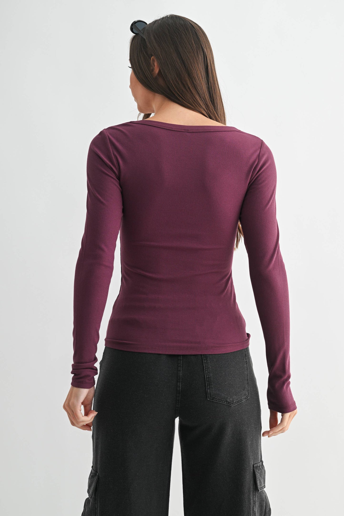 Slim Fit Scoop Neck Micro-Ribbed Long Sleeve Top