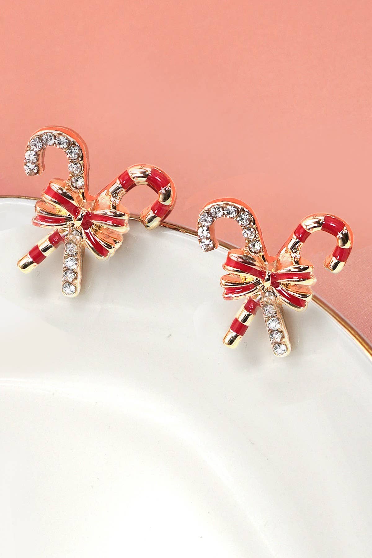CHRISTMAS CANDY CANE RHINESTONE BOW EARRINGS |