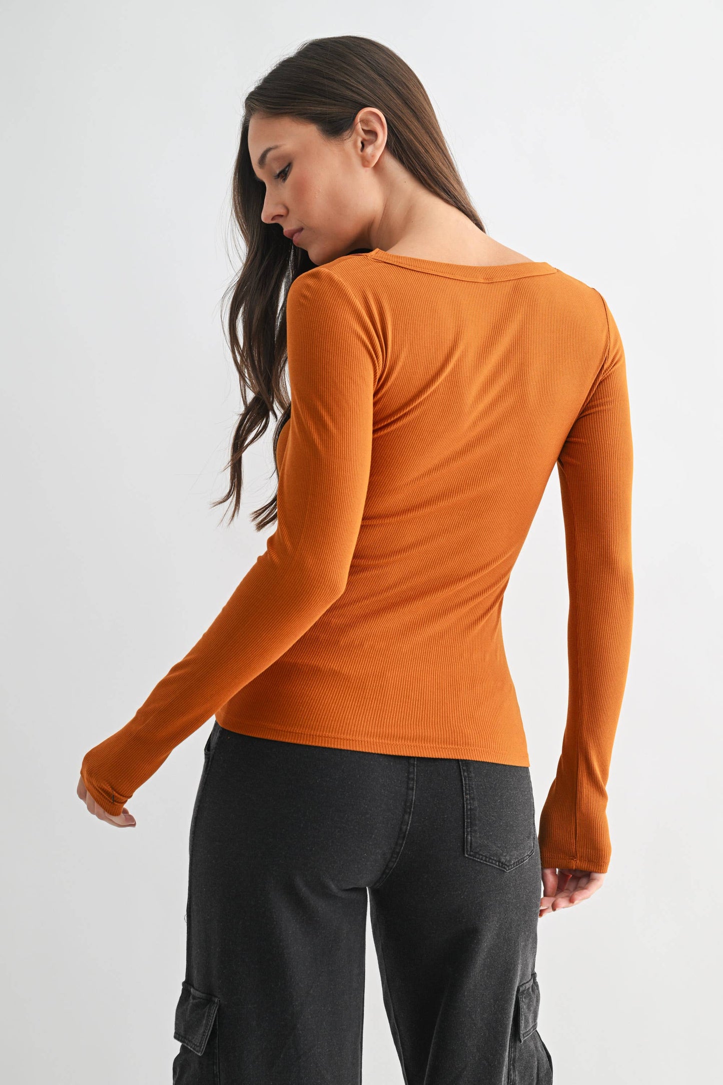 Slim Fit Scoop Neck Micro-Ribbed Long Sleeve Top