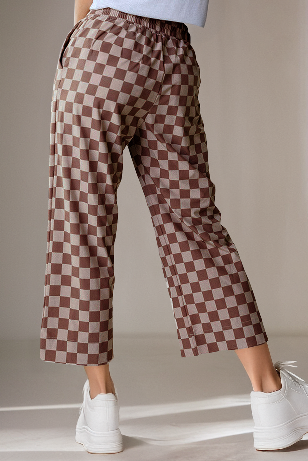 Checkered Elastic High Waist Loose Casual Pants