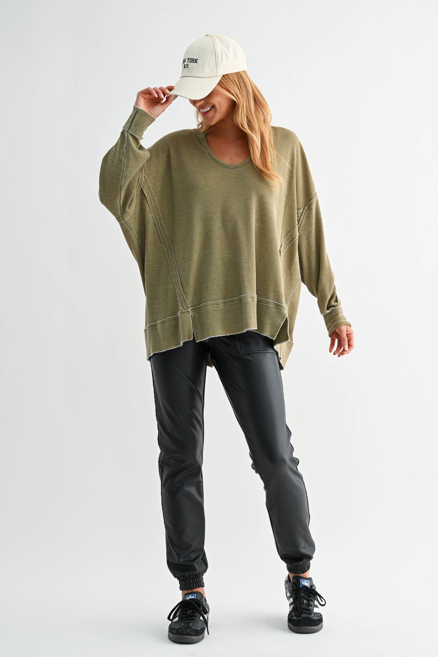 Cotton Blend Waffle Knit Oversized Long Sleeve