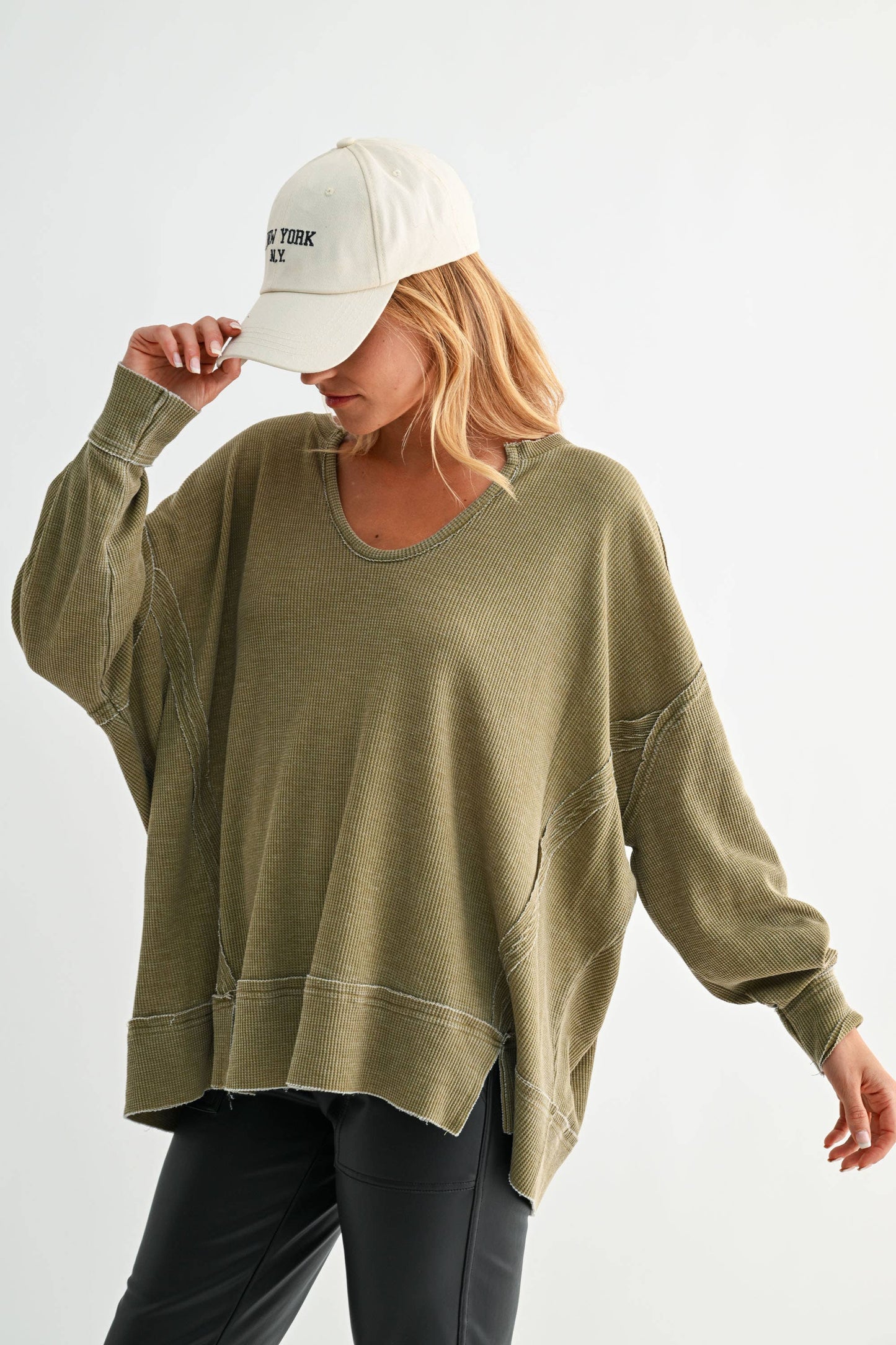 Cotton Blend Waffle Knit Oversized Long Sleeve