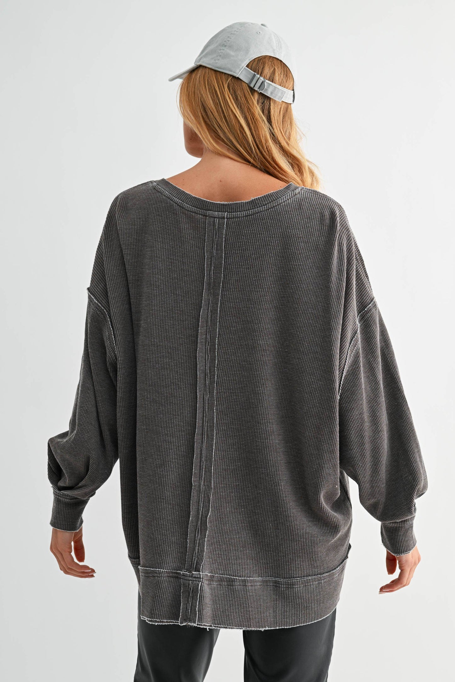 Cotton Blend Waffle Knit Oversized Long Sleeve