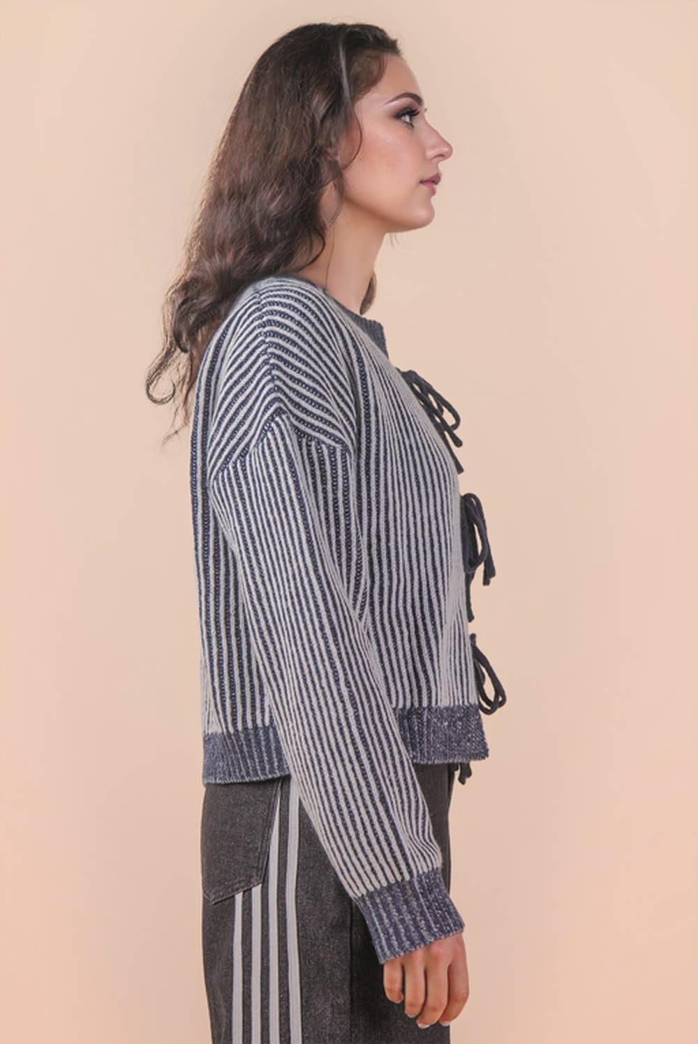 Front Tie Two Tone Knit Cardigan