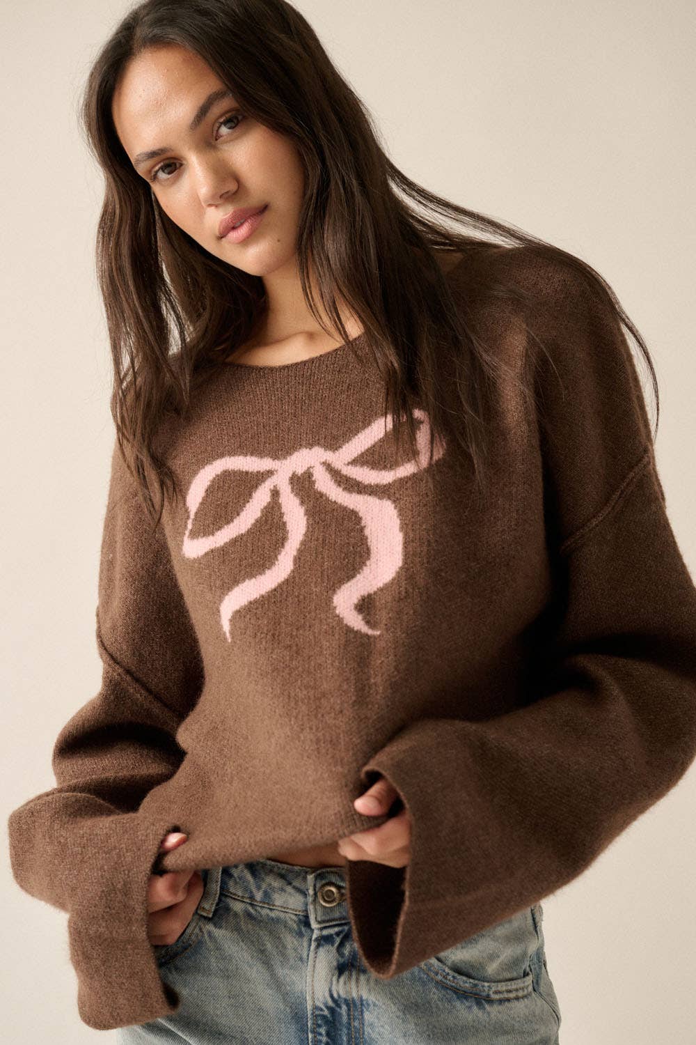 Solid Contrasting Ribbon-Bow Knit Sweater