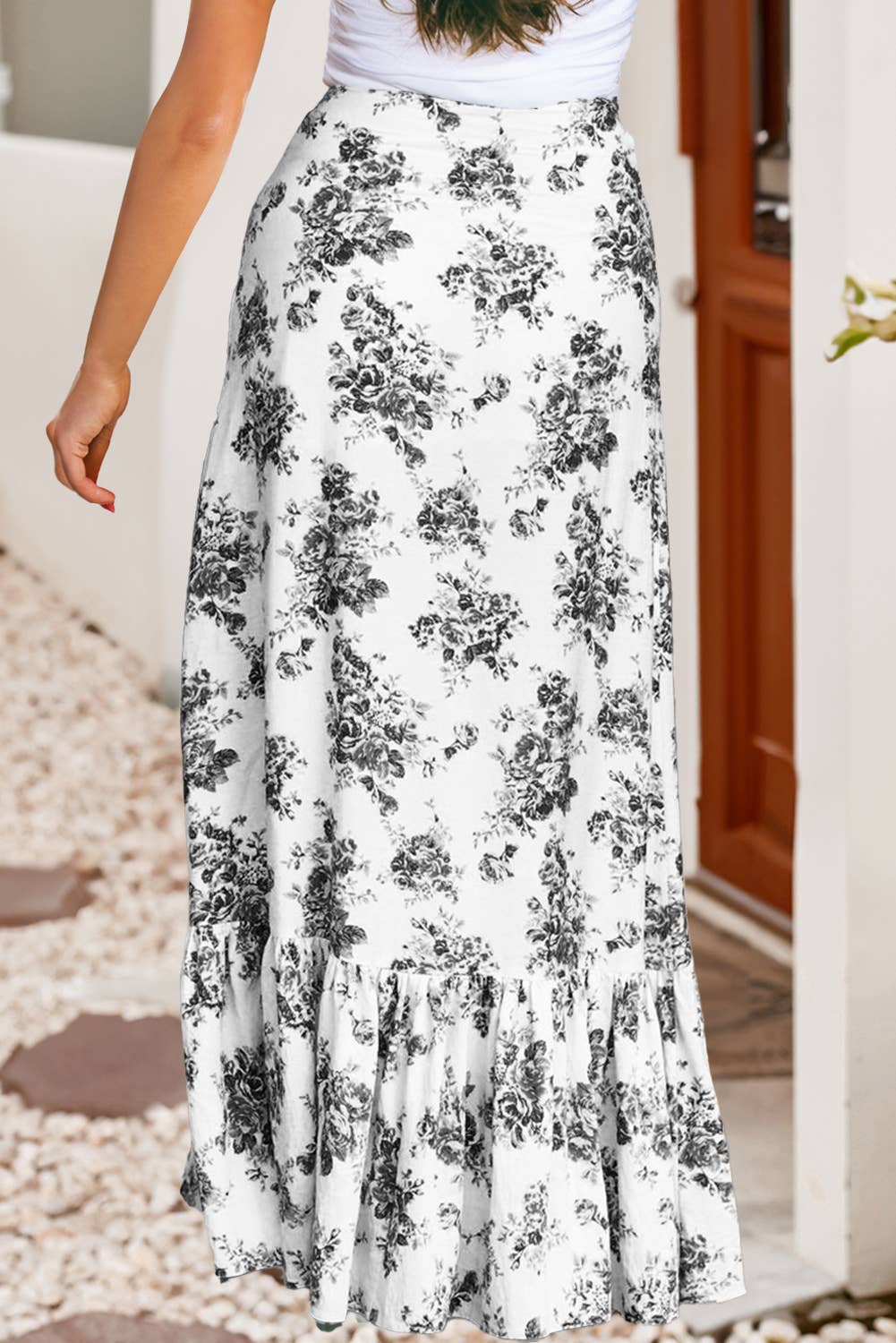Boho Floral High Waist Ruffle Split Maxi Skirt