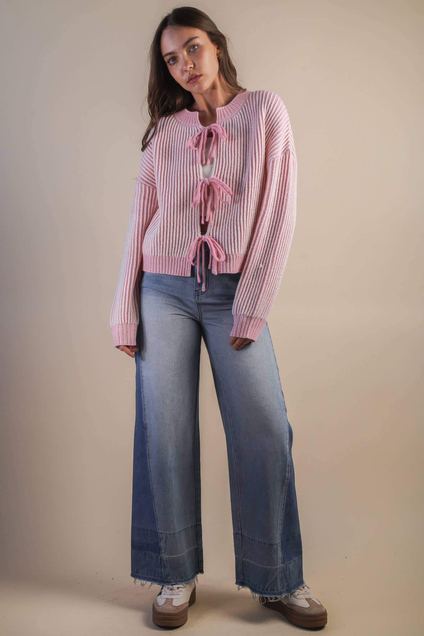 Front Tie Two Tone Knit Cardigan