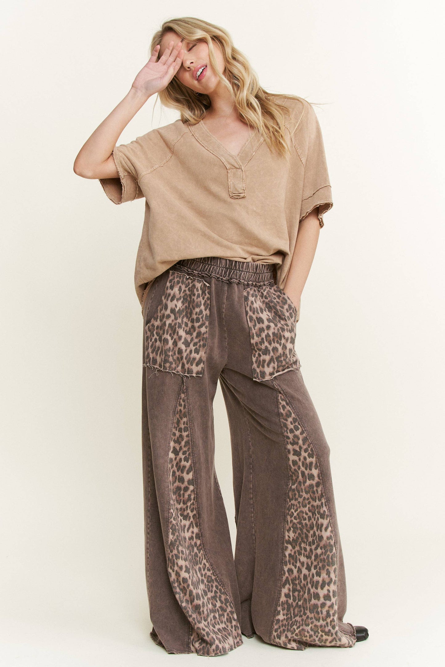 Mineral Washed Leopard Animal Print Flare Pants HP5783P1