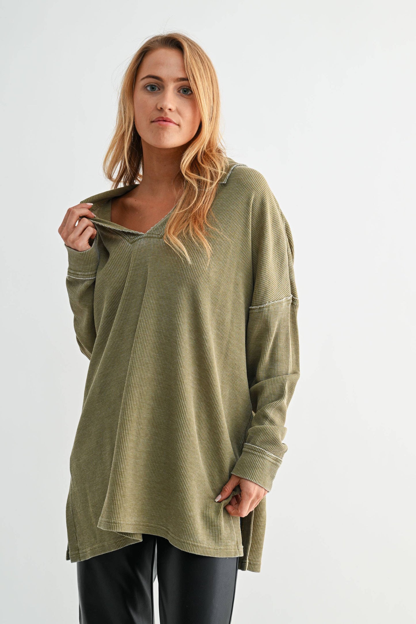 Cotton Blend Waffle Knit Oversized Collared Long Sleeve