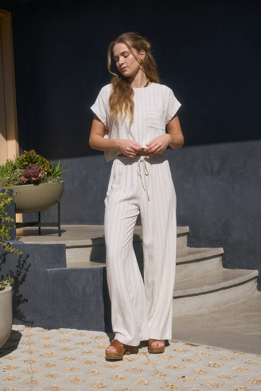 DRAWSTRING PINSTRIPE WIDE LEG LINEN PANTS