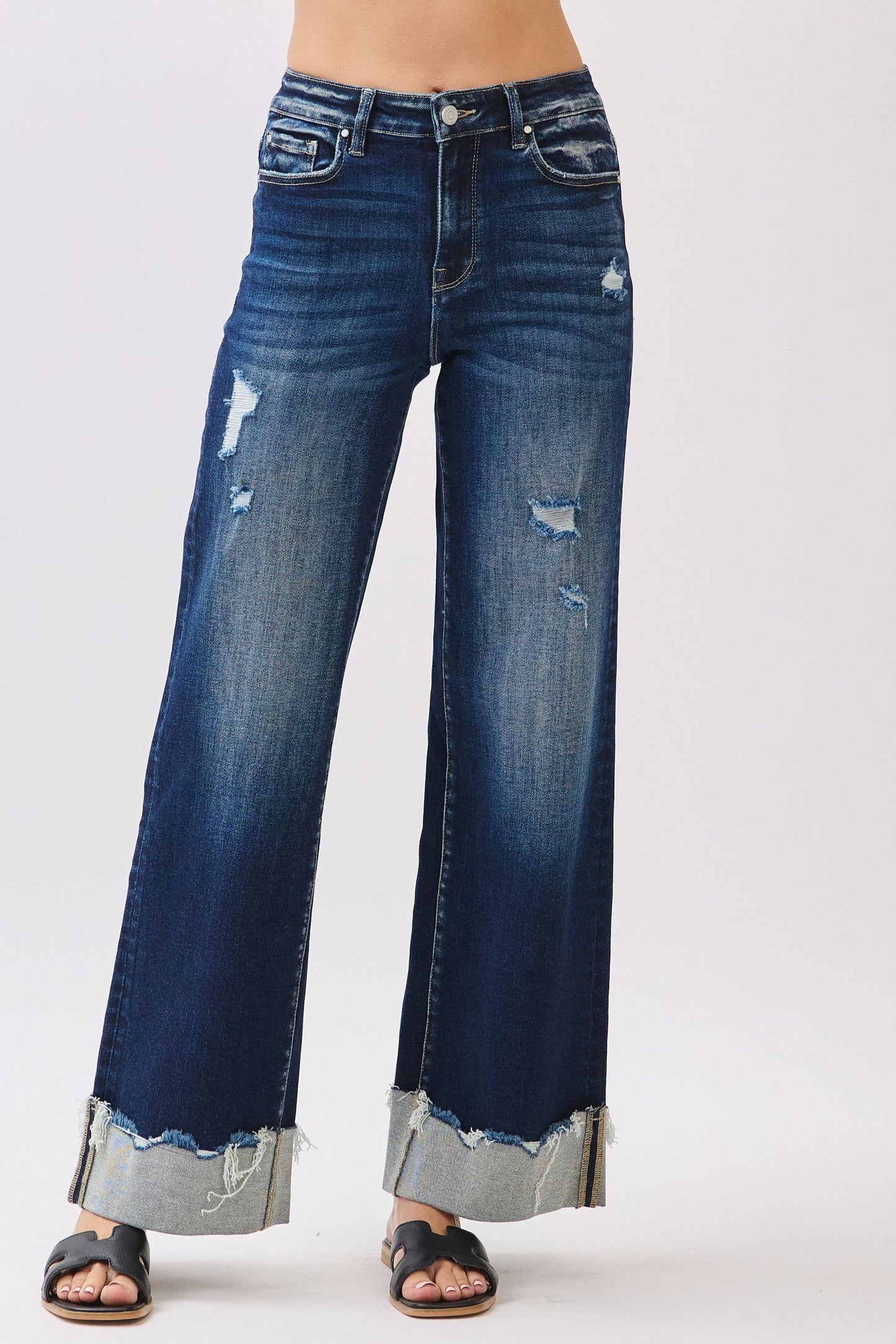 HIGH RISE STRETCH WIDE LEG W/ CUFFED HEM JEANS