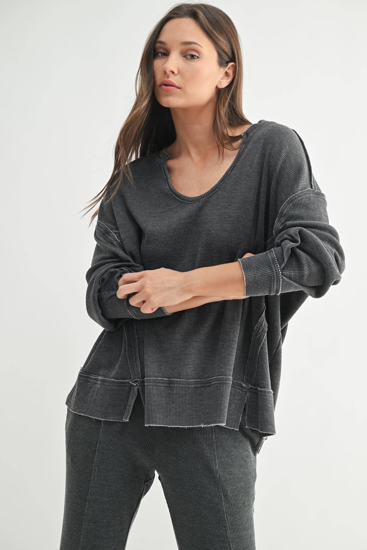 Cotton Blend Waffle Knit Oversized Long Sleeve
