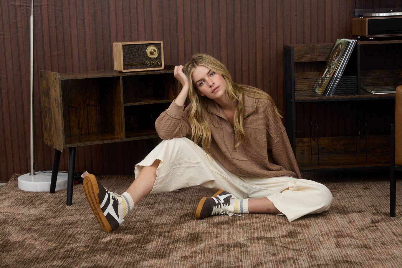 HALF ZIP COLLARED LONG SLEEVE WAFFLE KNIT TOP