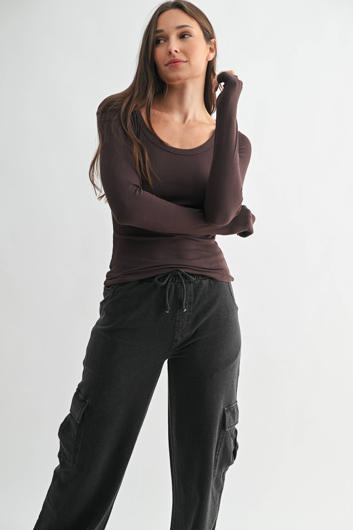 Slim Fit Scoop Neck Micro-Ribbed Long Sleeve Top