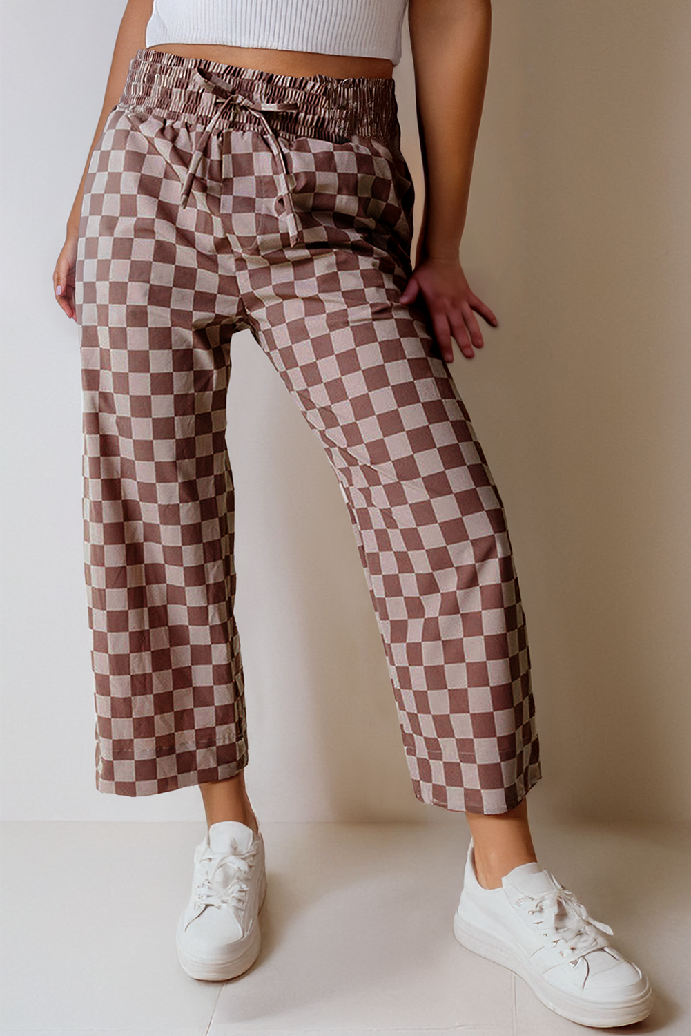 Checkered Elastic High Waist Loose Casual Pants