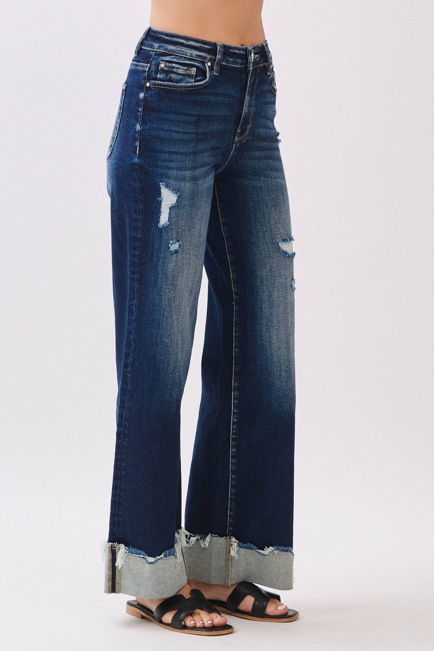 HIGH RISE STRETCH WIDE LEG W/ CUFFED HEM JEANS