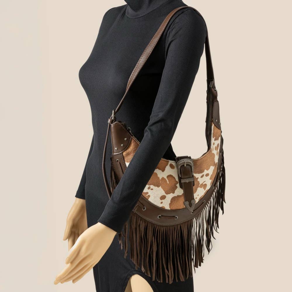Cow Print Faux Leather Fringe Hobo Bag