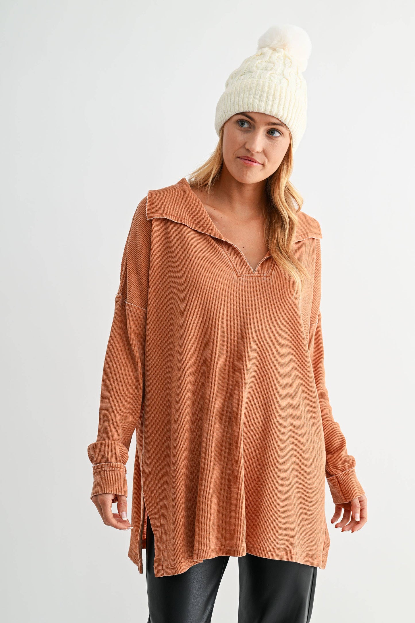 Cotton Blend Waffle Knit Oversized Collared Long Sleeve
