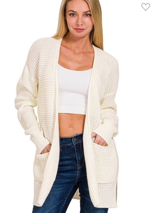 Ivory Waffle Cardigan Sweater