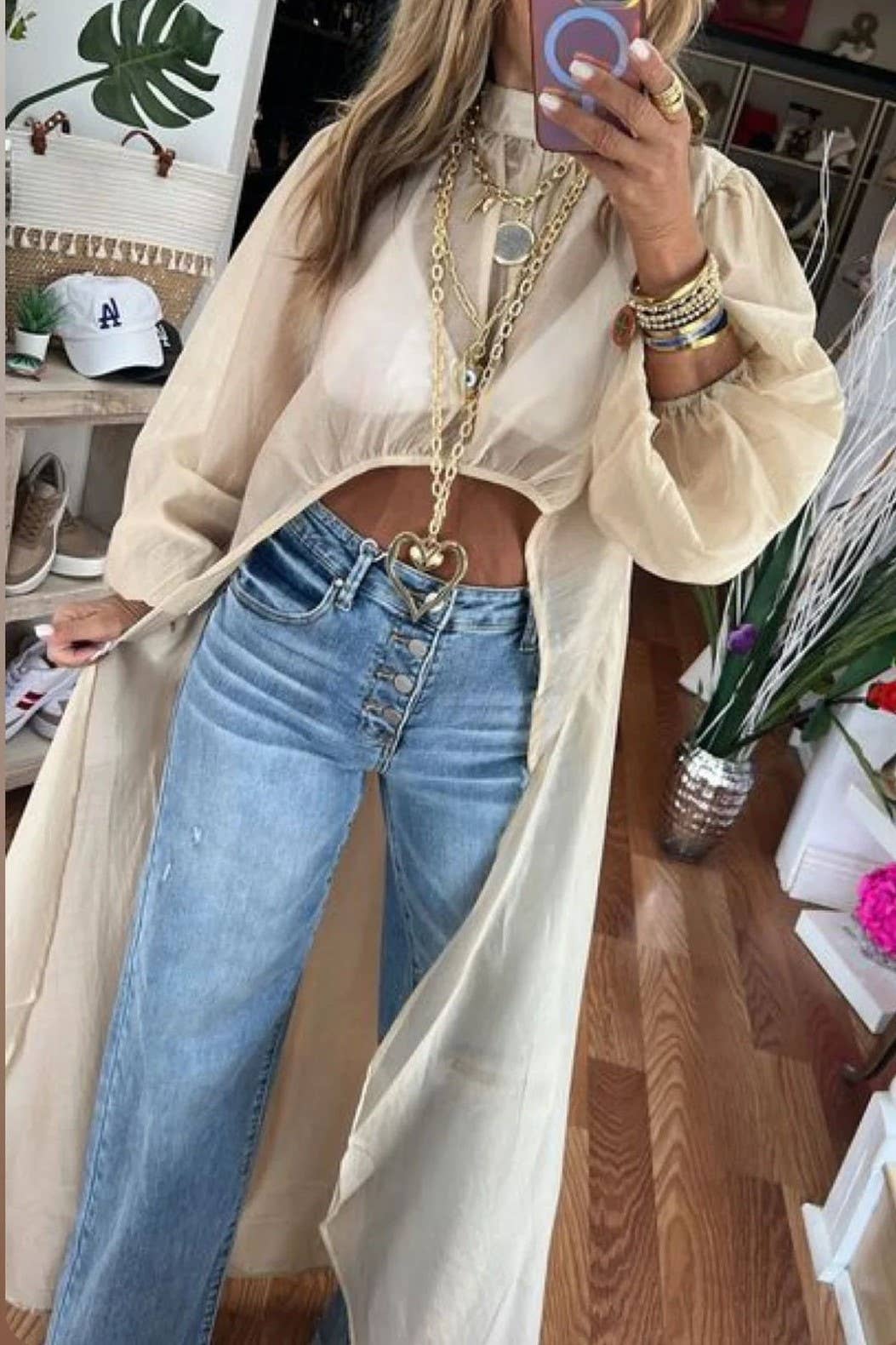 Bohemia plain bubble sleeve high-low hem tunic blouse