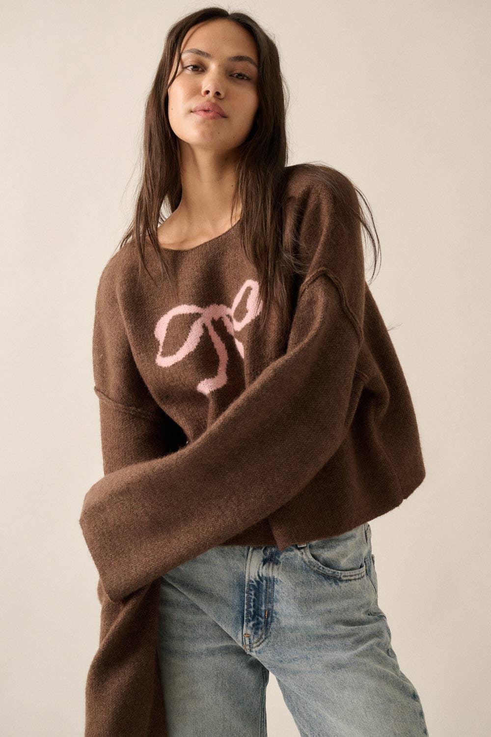 Solid Contrasting Ribbon-Bow Knit Sweater