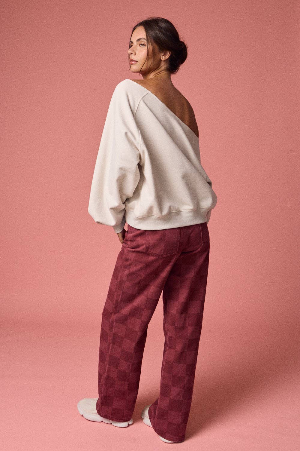 Red Checkered Wide Leg Jeans