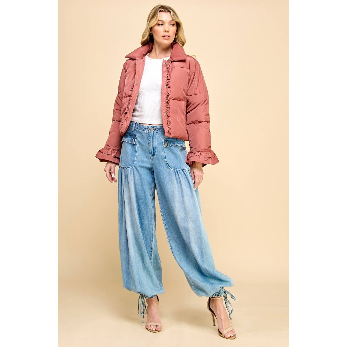 Ankle Drawstring Wide Denim Pants