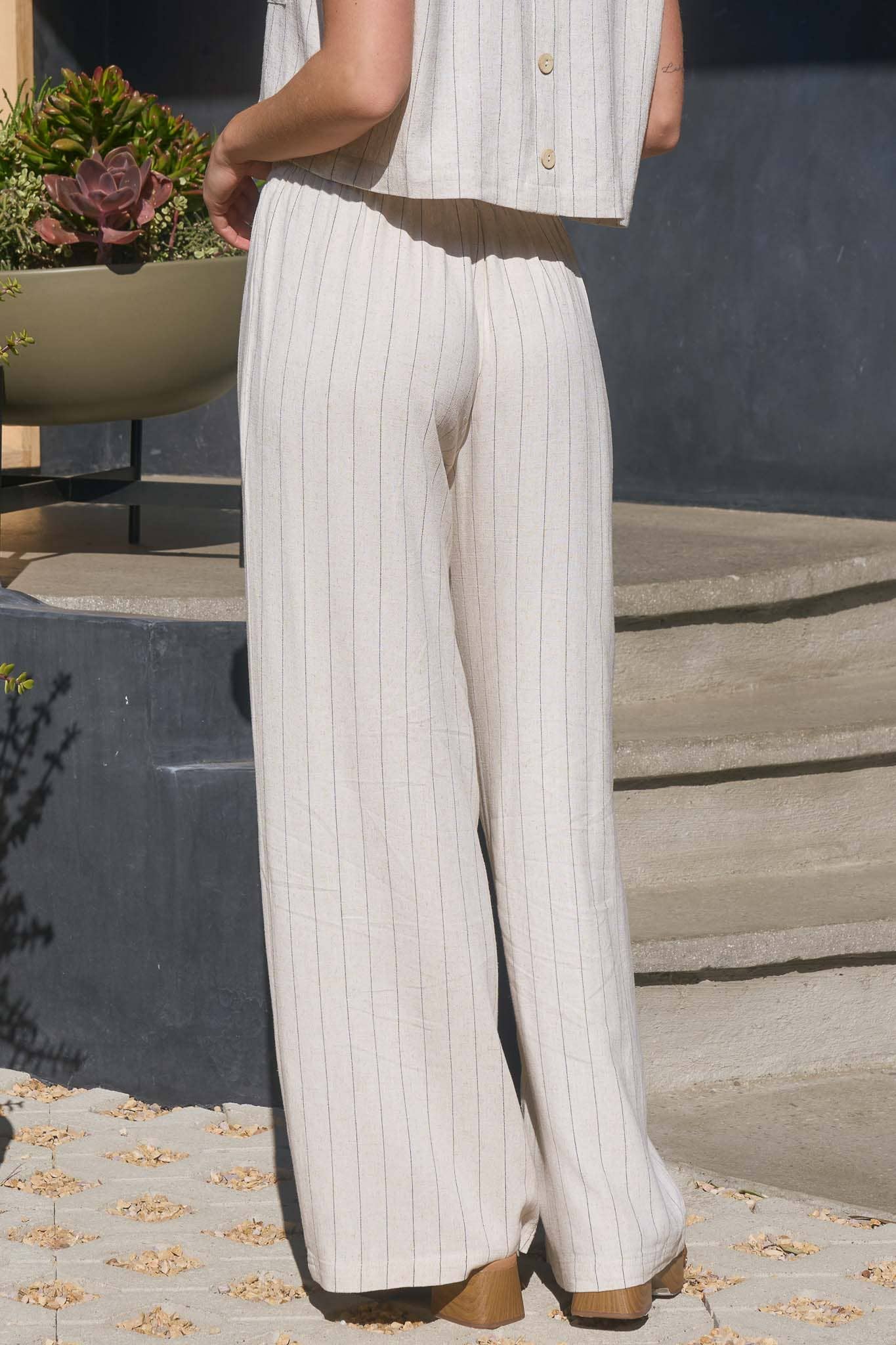 DRAWSTRING PINSTRIPE WIDE LEG LINEN PANTS