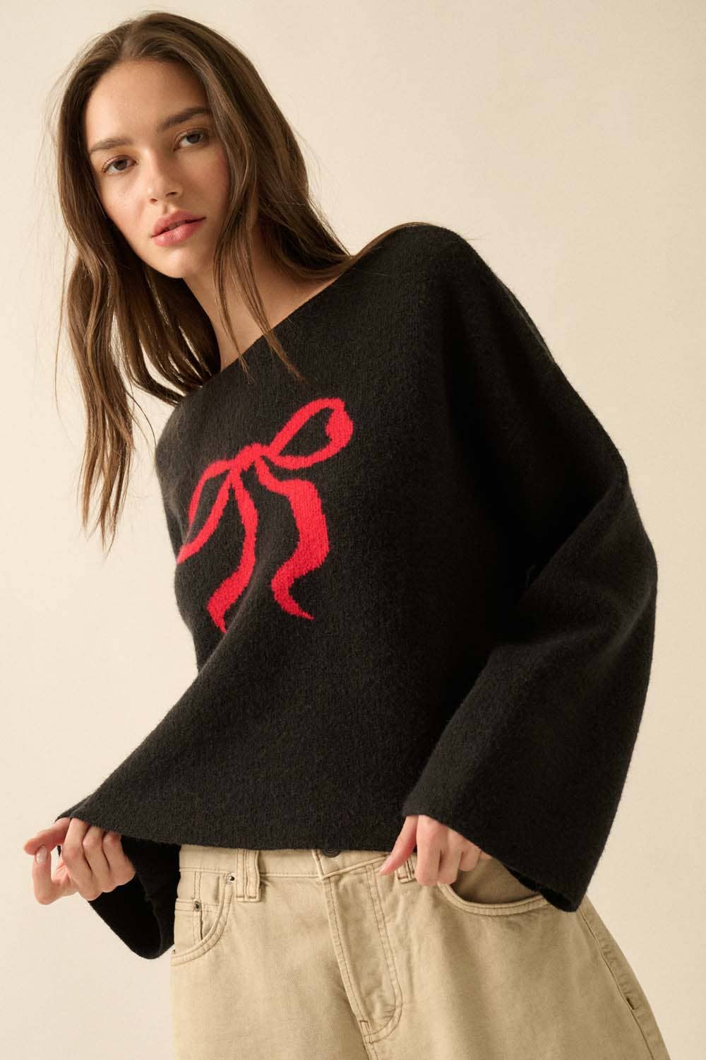 Solid Contrasting Ribbon-Bow Knit Sweater