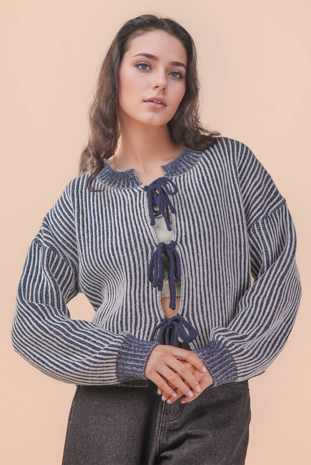 Front Tie Two Tone Knit Cardigan