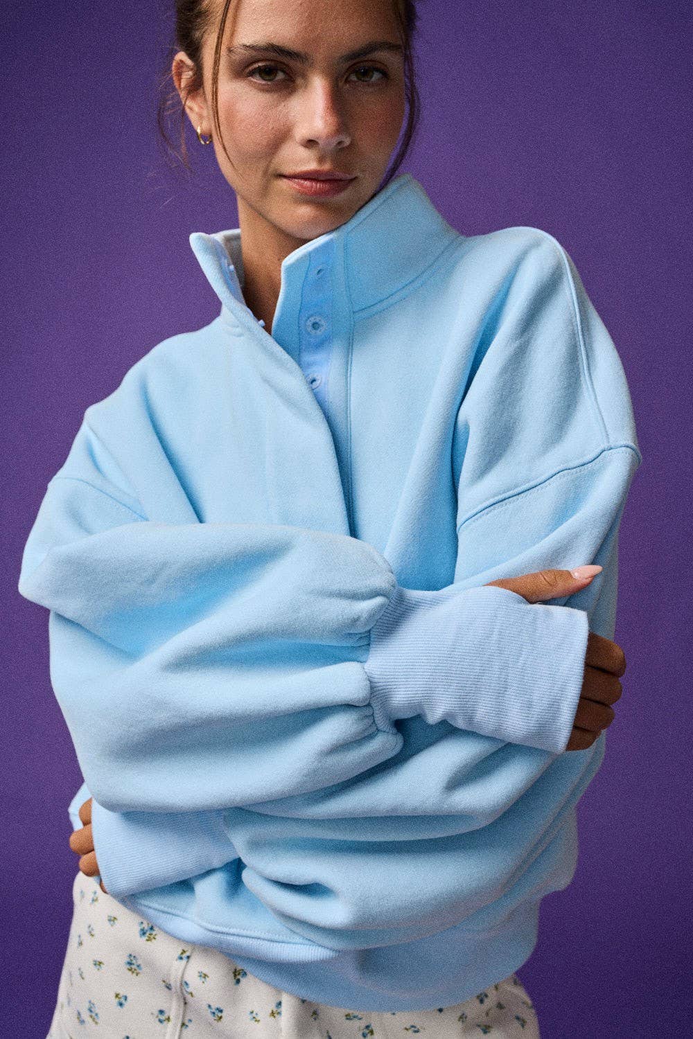 High Collar Half Button-Up Relaxed Fit Pullover