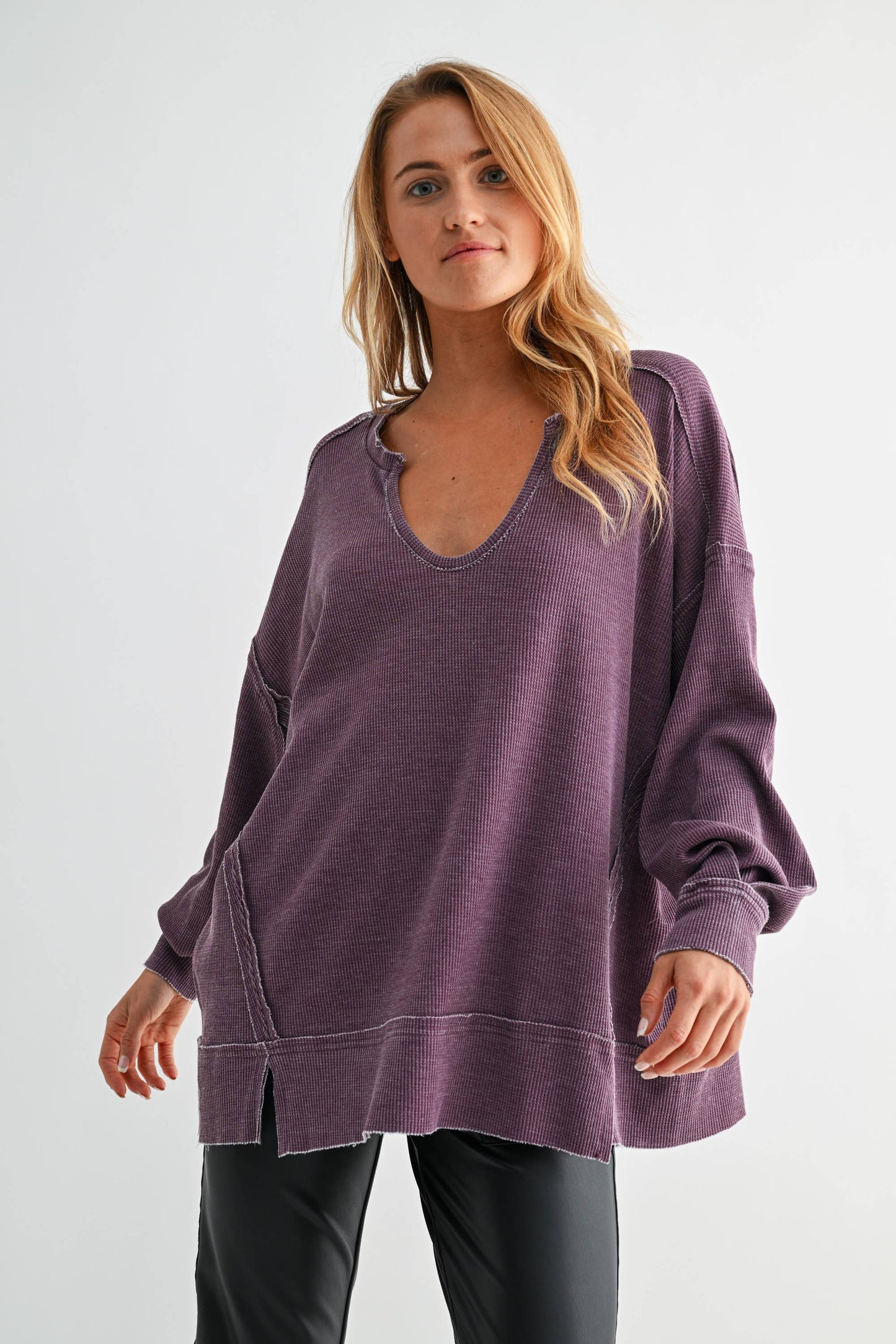 Cotton Blend Waffle Knit Oversized Long Sleeve