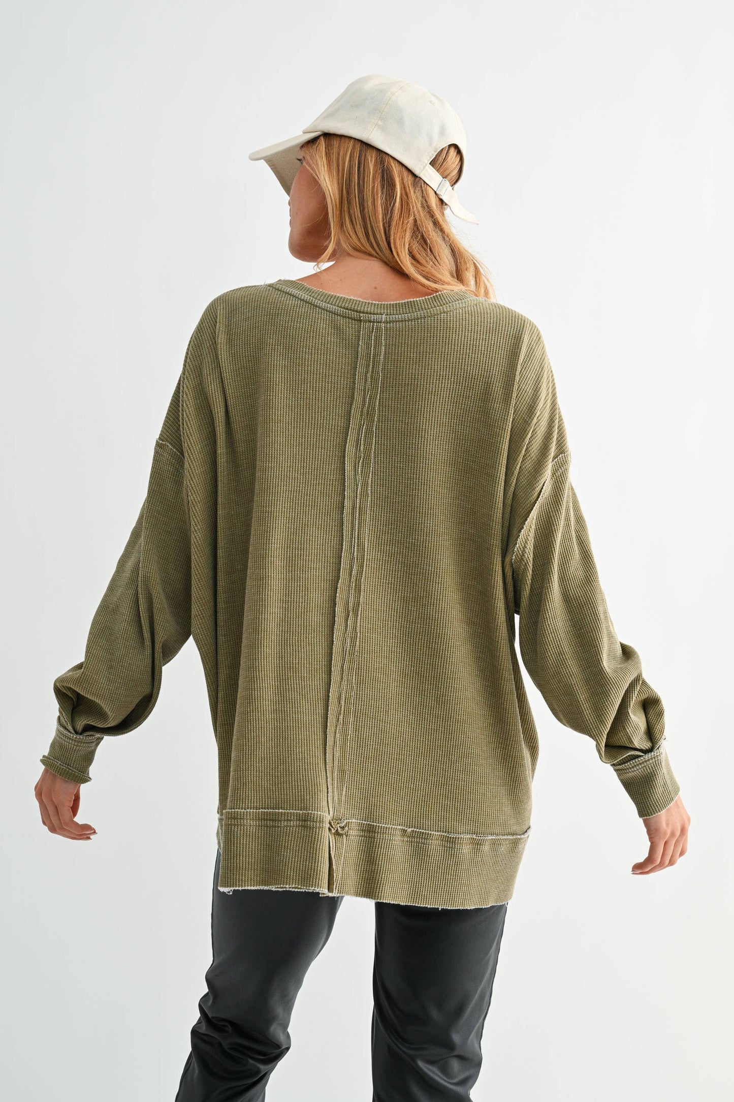 Cotton Blend Waffle Knit Oversized Long Sleeve