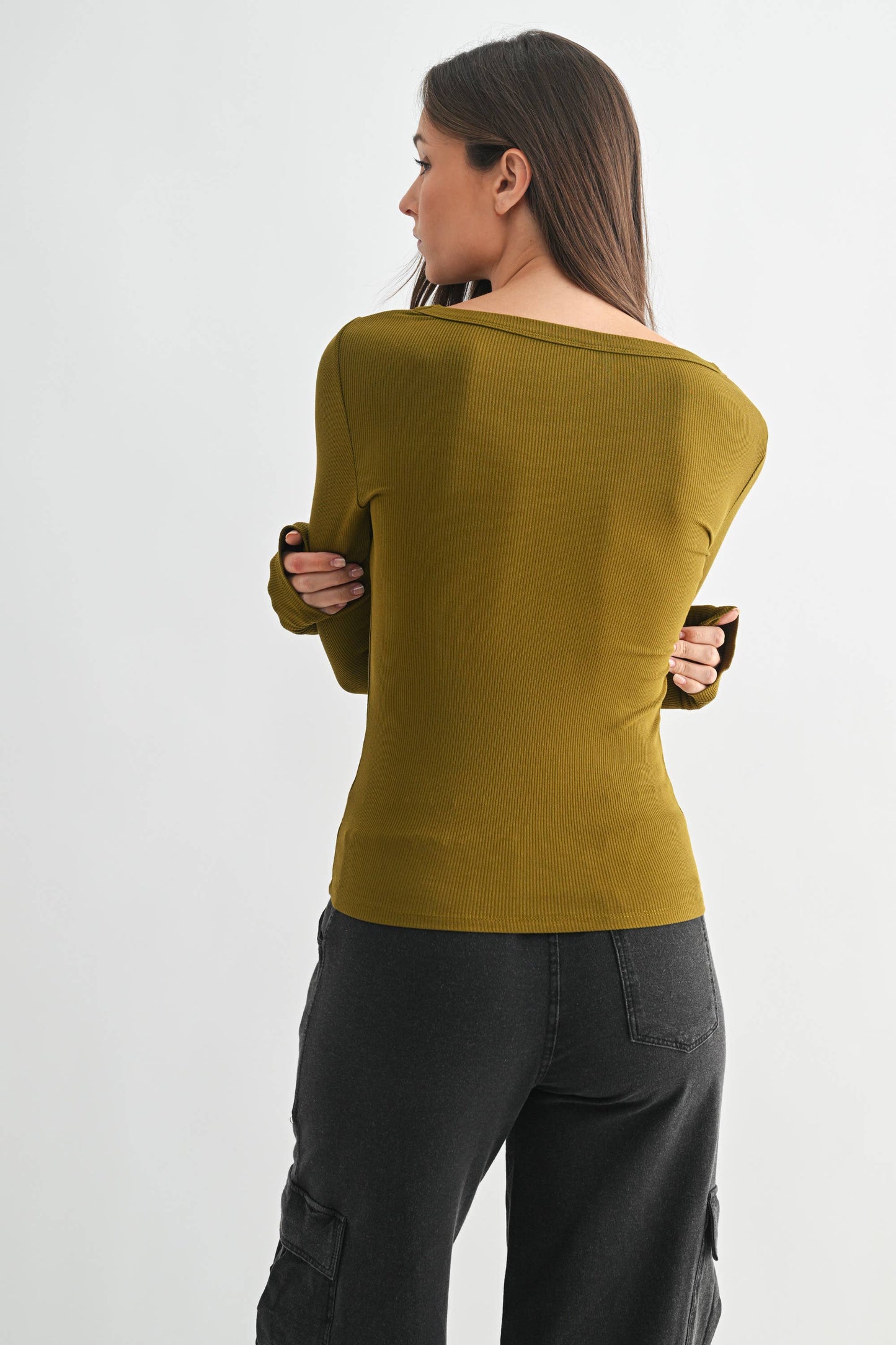 Slim Fit Scoop Neck Micro-Ribbed Long Sleeve Top