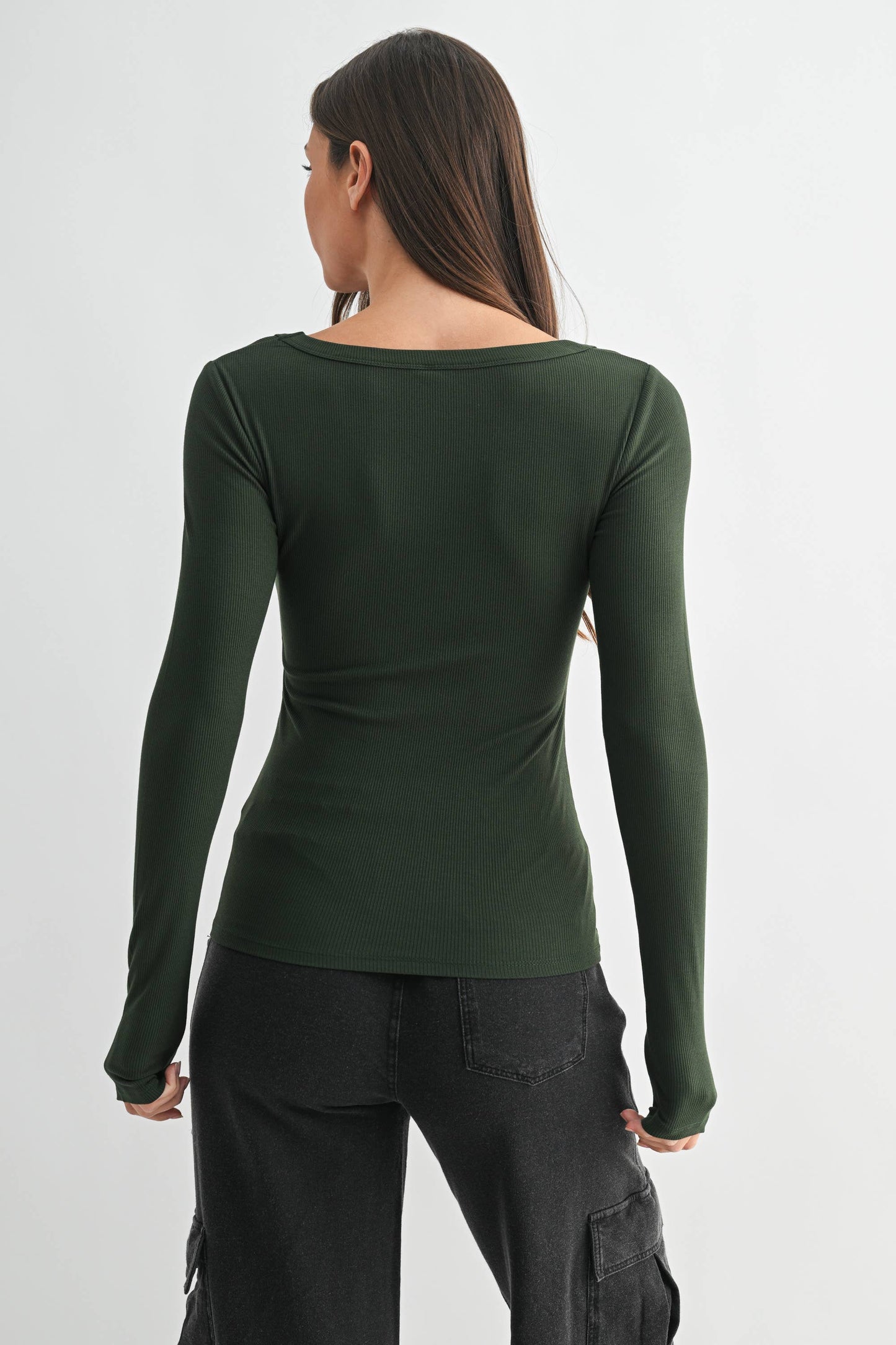 Slim Fit Scoop Neck Micro-Ribbed Long Sleeve Top