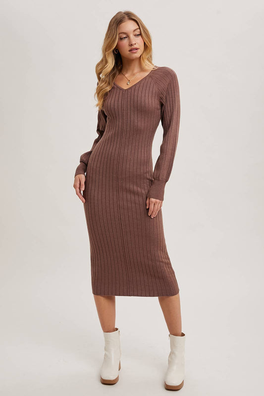 V-NECK RIBBED KNIT SWEATER MIDI DRESS